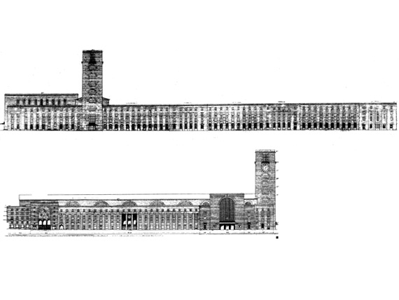 Comparaison des façades de la place de la gare (191 m), dite « façade principale », et de l’aile des jardins royaux (277 m)